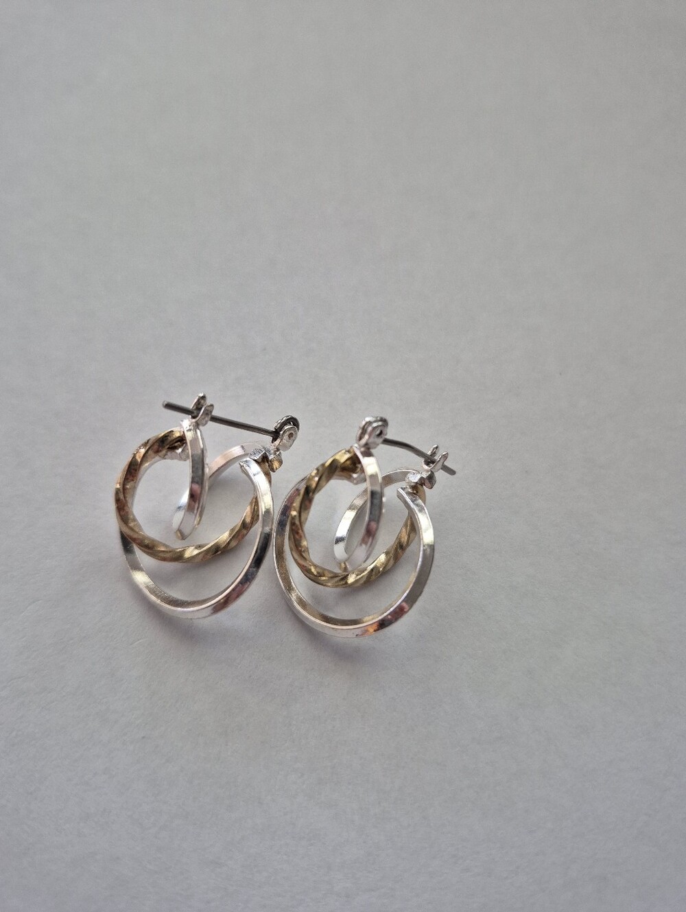 Two-Tone Silver and Gold Double Hoop Pierced Earrings - Picture 5 of 6